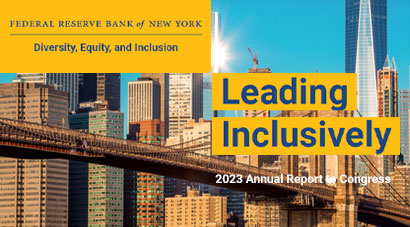 New York Fed's Office of Minority and Women Inclusion report cover, with image of New York City skyline and title 'Leading Inclusively'